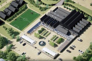 Veterans Village Hub Building render in an isometric style.