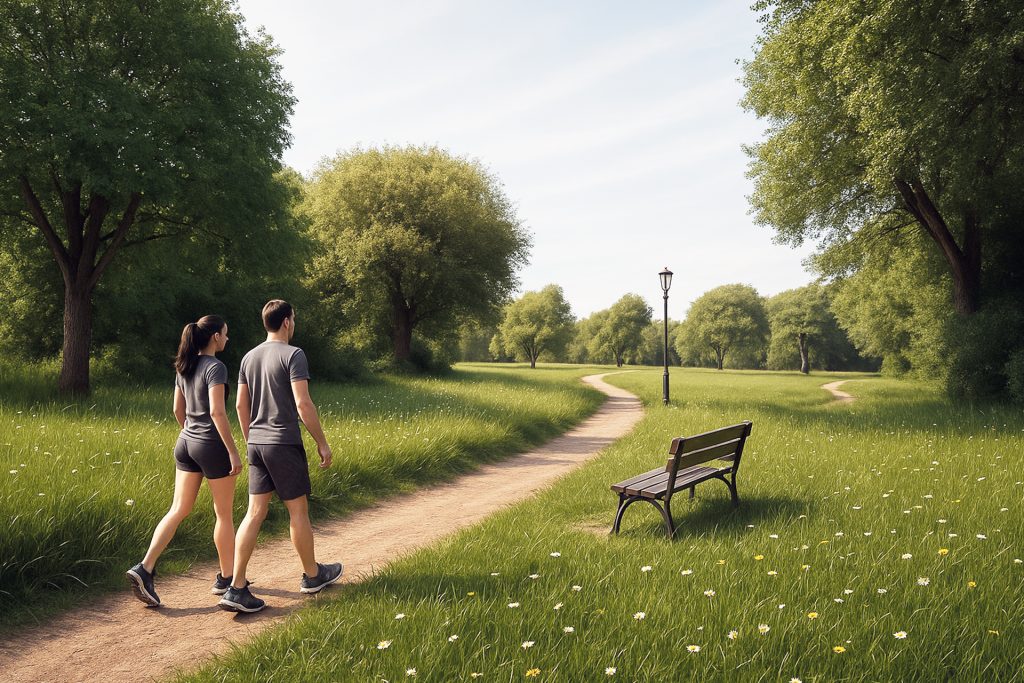 Veterans Village meadow and natural space with two runners.