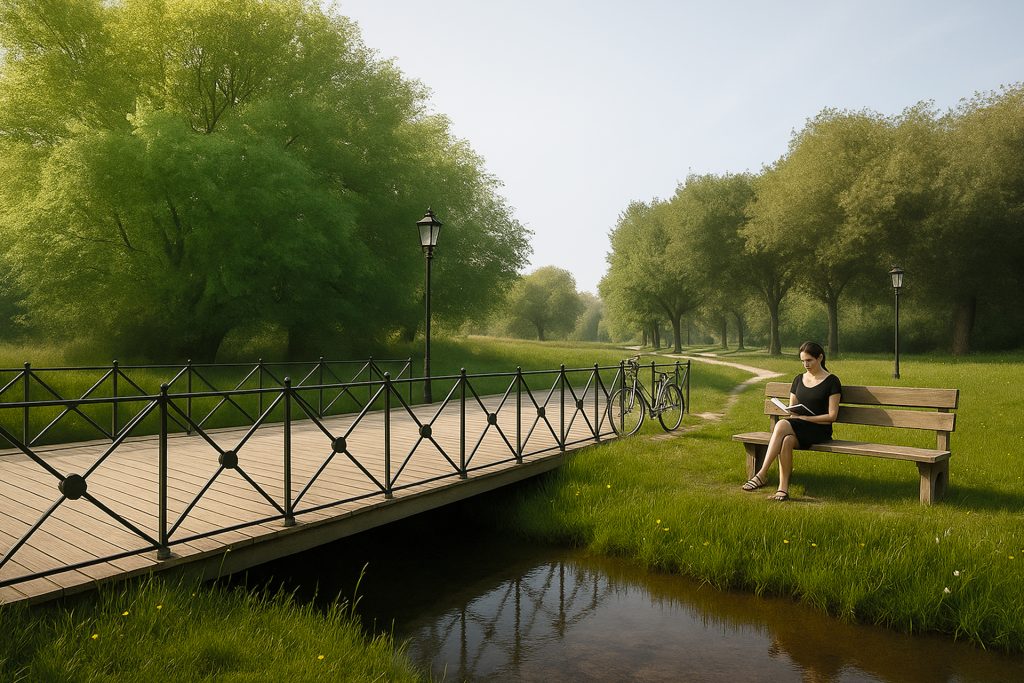Veterans Village meadow and green space with bridge.